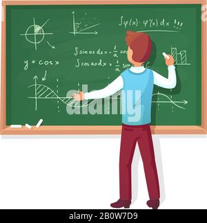 Teacher write on blackboard. School professor teach students, explaining charts formulas graphs on chalkboard vector illustration Stock Vector