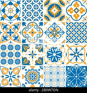 Mediterranean pattern. Decorative lisboa seamless patterns. Ornamental elements for portugal decor mosaic tiles vector set Stock Vector