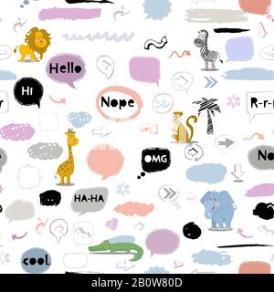 Vector seamless pattern with african animals and speech bubbless Stock Vector