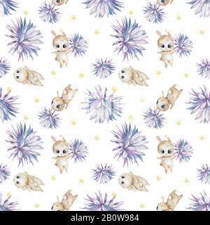 Easter seamless pattern design with bunnies Cute watercolor colorful illustration with blue flowers and bunny on white background. Baby nursery clip Stock Photo