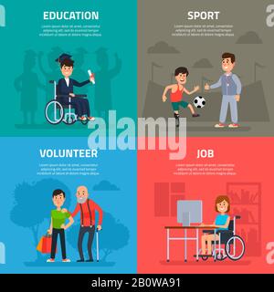 Help disabled persons. Volunteer work, sports and rehabilitation, opportunity of education and job for handicapped person vector set Stock Vector