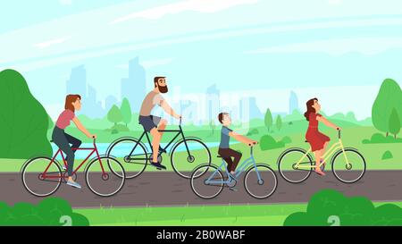 Happy young family riding on bikes at park. Parents and kids ride bicycles. Summer activities and families leisure vector illustration Stock Vector