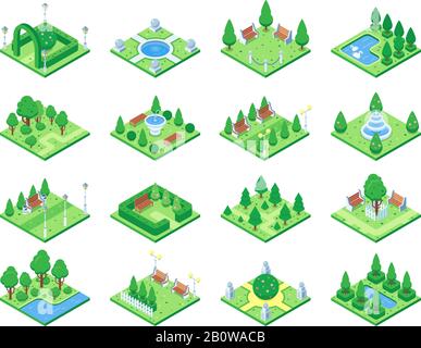 Nature forest elements, plants symbol and green trees for city 3d isometric game map. Isolated park tree vector icons set Stock Vector
