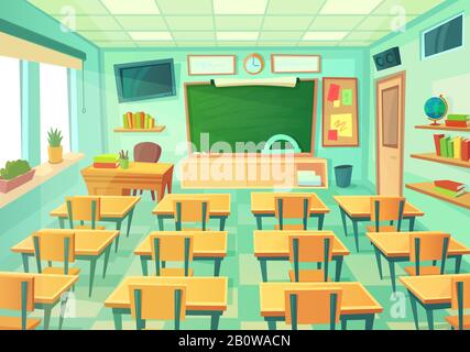 Empty cartoon classroom. School room with class chalkboard and desks. Modern mathematical classrooms interior vector illustration Stock Vector