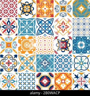 Portugal seamless pattern. Vintage mediterranean ceramic tile texture. Geometric tiles patterns and wall print textures vector set Stock Vector