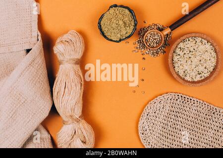Different types of uses for hemp. Textile fiber industry. Zero waste living concept. Stock Photo
