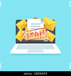 Full email inbox of spam. Spammer letters in mailbox on computer screen. Computers virus scam messages in letterbox vector illustration Stock Vector