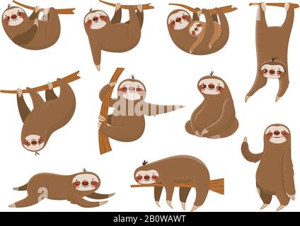 Cute cartoon sloths. Adorable rainforest animals, mother and baby on branch, funny sloth animal sleeping on jungle tree vector set Stock Vector