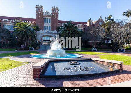 Tallahassee, FL / USA - February 15, 2020: Westcott Building and foutnain on the campus of Florida State University Stock Photo