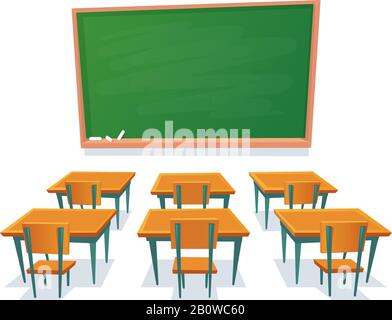 School chalkboard and desks. Empty blackboard, classroom wooden desk and chair isolated cartoon vector illustration Stock Vector