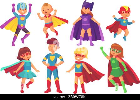 Cartoon superhero kids characters. Joyful kid wearing super hero costume with mask and cloak. Children superheroes isolated vector set Stock Vector