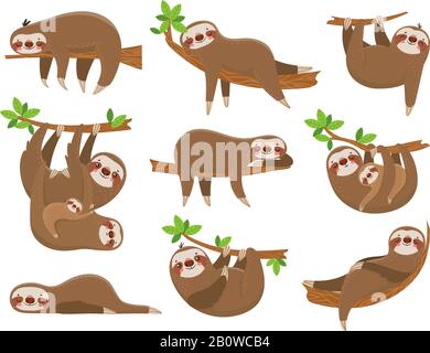 Cartoon sloths family. Adorable sloth animal at jungle rainforest. Funny animals on tropical forest trees vector set Stock Vector