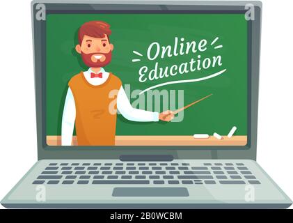 Online teacher education. Professor teach at school blackboard on laptop screen. Remote learning training vector illustration Stock Vector