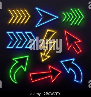 Realistic neon arrows. Night arrow sign lamp lights. Shining arrowhead signs and glowing directional pointers vector set Stock Vector