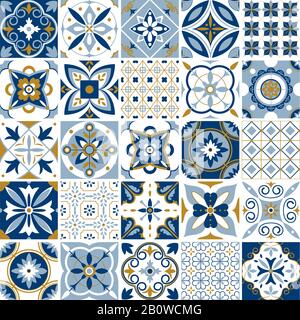 Moroccan pattern. Decor tile texture with blue ornament. Traditional arabic and indian pottery tiling seamless patterns vector set Stock Vector