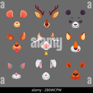 Animals for phone app. Funny animal filter masks with ears and noses. Vector set Stock Vector