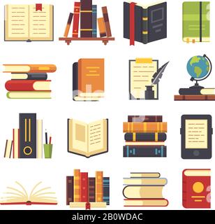 Flat books icons. Magazines with bookmark, history and open science book stack. Encyclopedia on library shelves vector illustration Stock Vector