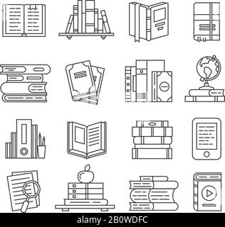 Line Art book icons. Literary magazines, study diary and bible. Open textbook, ebook and audio books thin outline icon vector set Stock Vector