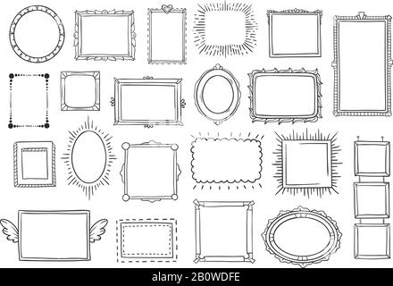 Hand drawn frames. Vintage doodle sketch picture frame. Blank black square cadre sketches painted by hands vector set Stock Vector