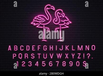 Flamingo neon sign. Pink 80s font. Tropical flamingos electric glow bar billboard with purple light bulb letters vector illustration Stock Vector