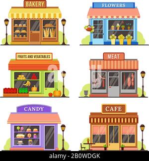 Flat store. Modern shop, boutique shopfront and restaurant facade design. Shopping stores cartoon illustration set Stock Vector