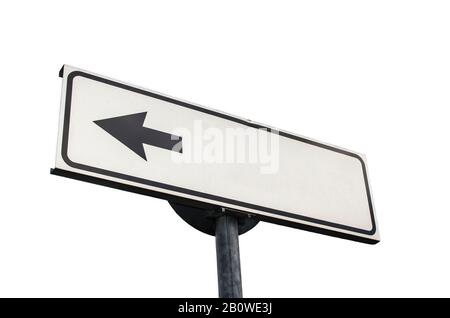Road Sign, Arrow on white background, Isolated. One way blank road sign with copy space. Arrow on a pole pointing in one direction Stock Photo