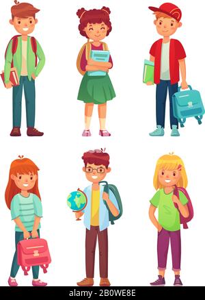 High school students. Kids pupils with globe, books and backpack. Schools boy and girl pupil characters vector set Stock Vector