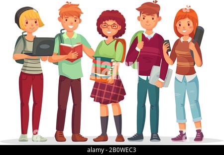 Teenagers students group. Young teens highschool student friends learning together. Teenager with school backpack vector illustration Stock Vector