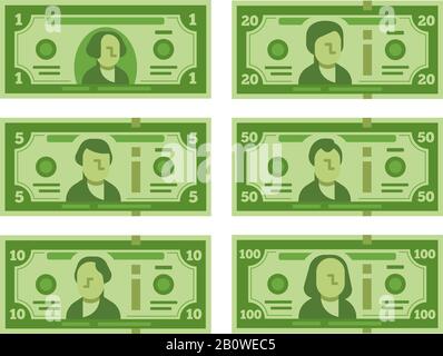 Cartoon banknote. Dollar cash, money banknotes and one hundred dollars bills stylized vector flat illustration Stock Vector