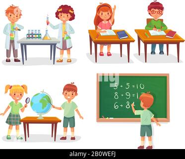 Kids on school lesson. Primary schools pupils on chemistry lessons, learn geography globe or sit at desk vector cartoon illustration Stock Vector