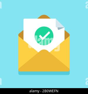 Check mark document in mail envelope. Approved tick marker, accepted or checked on letter. Confirmation email message vector icon Stock Vector