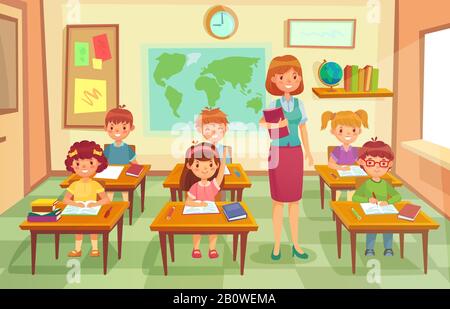 Pupils and teacher in classroom. School pedagogue teach lesson to pupil kids. Schools lessons at class cartoon vector illustration Stock Vector