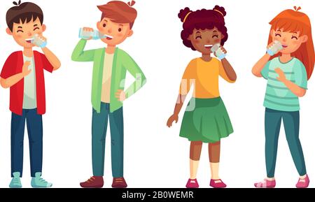 Kids drink glass of water. Happy boy and girl drinks. Children drinking hydration level care vector cartoon illustration Stock Vector