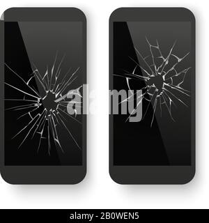 Broken mobile phone. Cracked smartphone screen. Smashed damaged cell phone. Repair vector concept Stock Vector