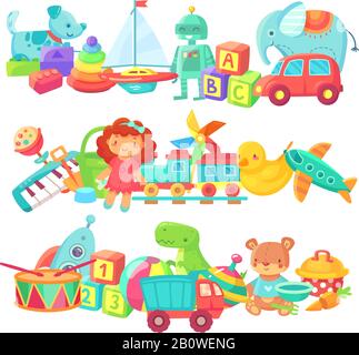 Toy piles. Kids toys groups. Cartoon baby doll and train, ball and cars, boat isolated children vector set Stock Vector