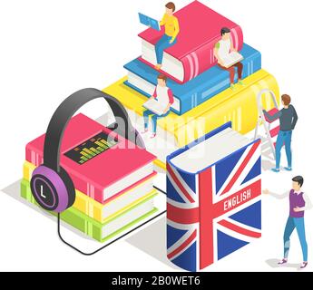 Learning foreign languages concept. People and english french dictionary, textbooks. Studying spanish german online. Education vector background Stock Vector