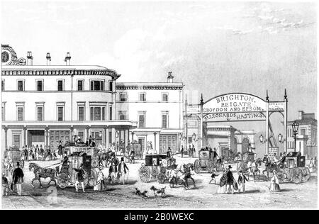 An engraving of the South Eastern Railway Station London Bridge UK scanned at high resolution from a book printed in 1851. Believed copyright free. Stock Photo