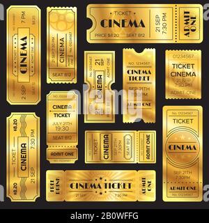 Realistic golden show ticket. Old premium cinema entrance tickets. Gold admission to movie theater or amusement shows vector set Stock Vector