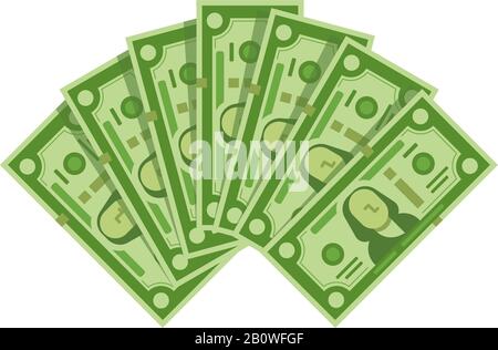 Money banknotes fan. Pile of dollars cash, green dollar bills heap or monetary currency isolated vector illustration Stock Vector