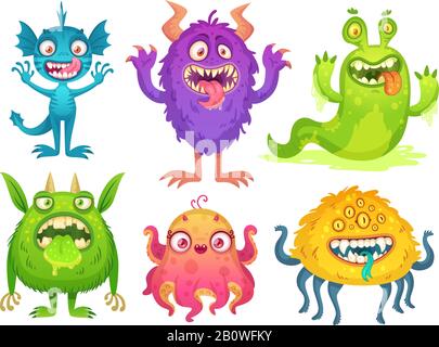 Cartoon monster mascot. Halloween funny monsters, bizarre gremlin with horn and furry creations. Cartoons character vector illustration Stock Vector