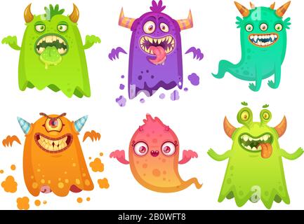 Cartoon monster ghost. Angry scary monsters mascot characters, goofy alien creature and gremlin character vector illustration Stock Vector