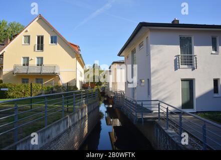 New constructed family houses on a small canal Stock Photo