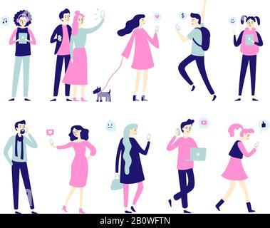 Character with smartphone. Smartphones in people hands, man talk on mobile phone or woman taking selfie. Flat characters vector set Stock Vector