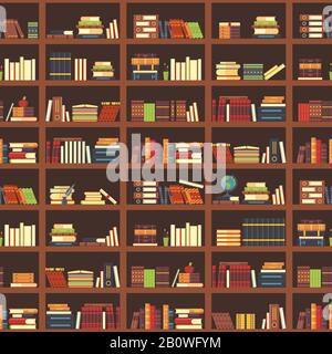 Books in bookcase seamless pattern. School book, science textbook and magazines at bookshelf. College textbooks vector background Stock Vector