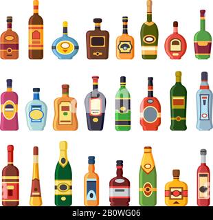 Alcohol bottles. Alcoholic liquor drink bottle with vodka, cognac and liqueur. Whisky, rum or brandy liquors isolated flat icons set Stock Vector