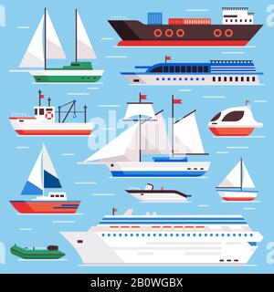 Flat sea ships. Marine shipping sailing boat, ocean cruise liner and icebreaker ship vector set Stock Vector