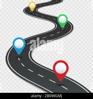 Highway roadmap with pins. Car road direction, gps route pin road trip navigation and roads business infographic vector illustration Stock Vector