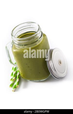 Healthy green smoothie with spinach,mint, kiwi, ginger and green isolated on white background Stock Photo