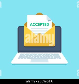 Accepted email in envelope. College acceptance success or university admission letter. Mail in laptop inbox vector illustration Stock Vector