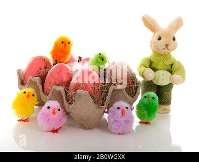 Funny and colorful easter decoration with eggs and bunny over white background Stock Photo